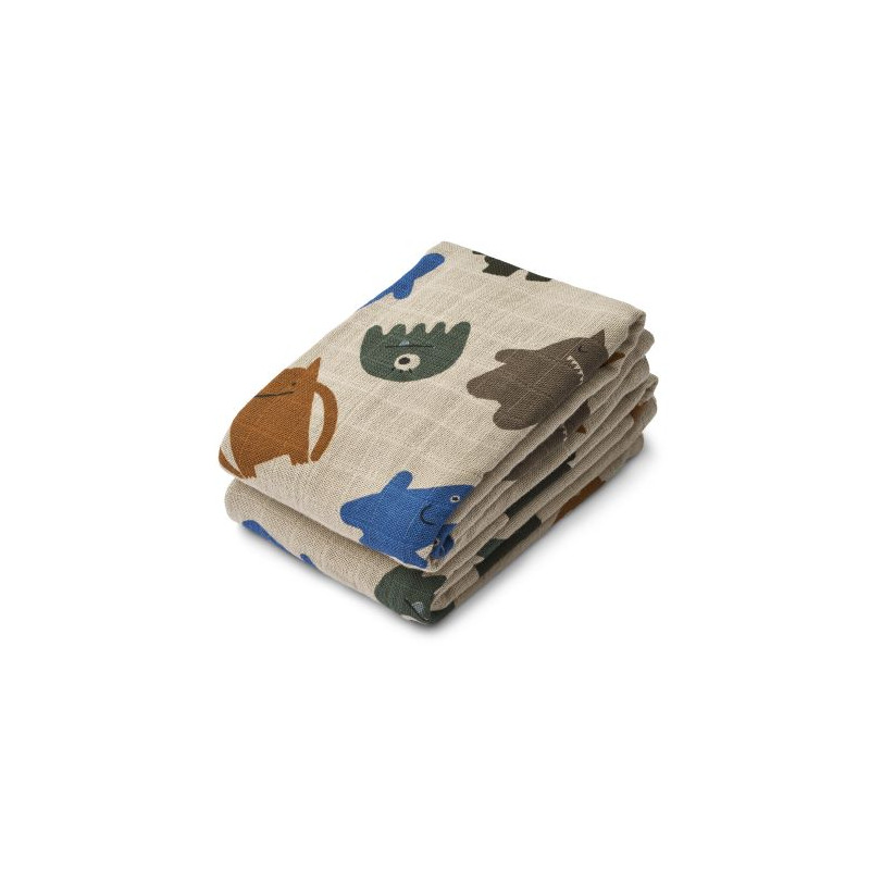 Liewood - Lewis Muslinfilt 2-Pack, blå monster